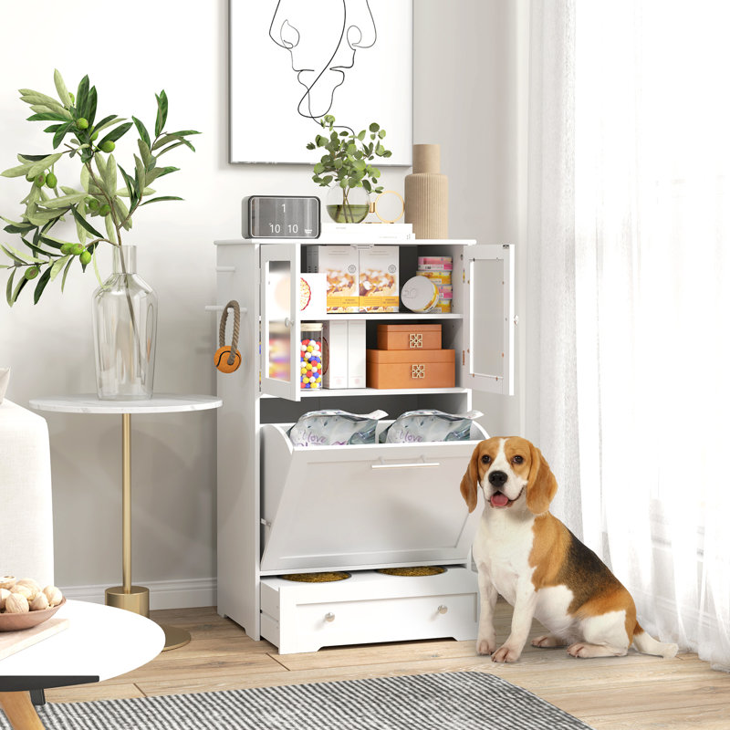 Dog Food Storage Cabinet, Dog Feeding Station with Two Storage Cabinets, 2 Elevated Dog Bowls for Feeding & Watering