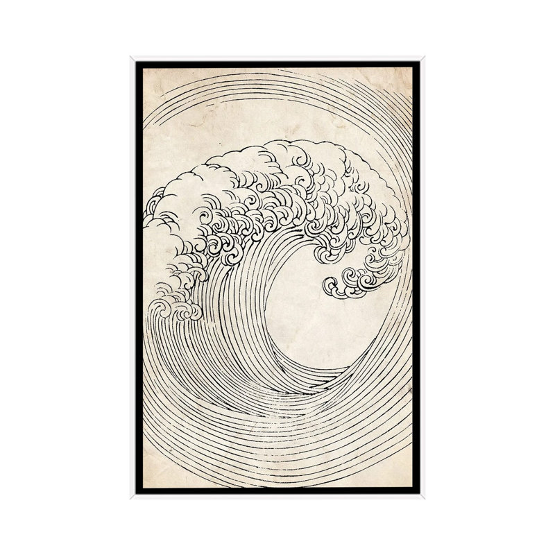 Croquis de vague zen rétro_1PC6, Cadre flottant blanc, H 26 po x l 18 po