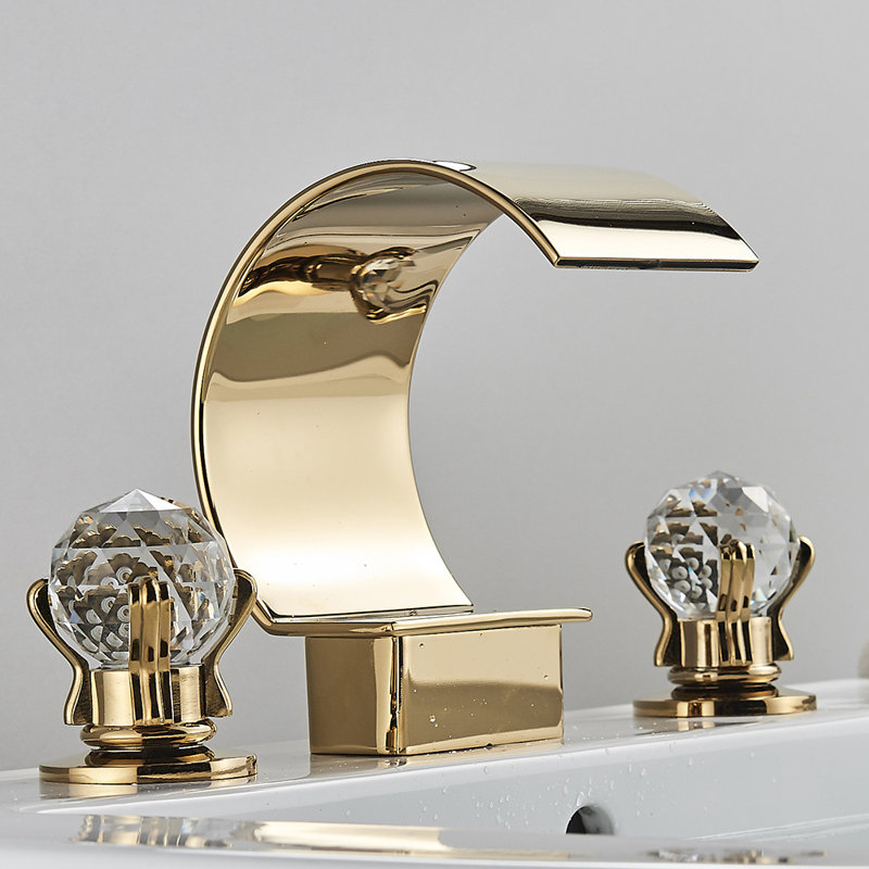 Polished Gold Bathroom Faucet 3 Holes Dual Crystal Handle Vanity Basin Mixer Tap