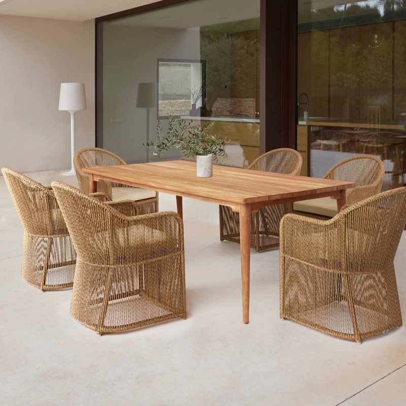 Calixto Outdoor 7 - Piece Teak Dining Set with Cushions, Canvas Canvas Sunbrella® Canvas