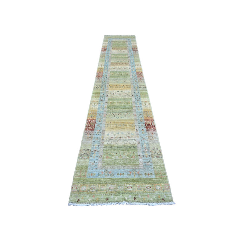 Tapis de couloir oriental vert en laine nouée à la main 2 pi 8 po x 14 pi 8 po - MOA1020002