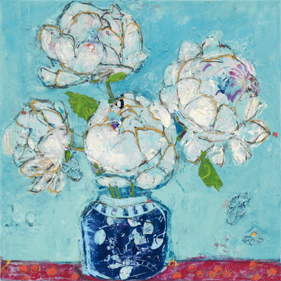 Vase Of Peonies Aqua - Wrapped Canvas Painting
