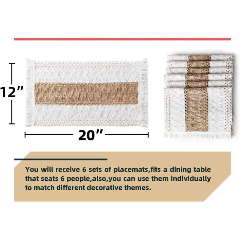 Boho Table Placemats For Dining Living Room - Set Of 6, Brown