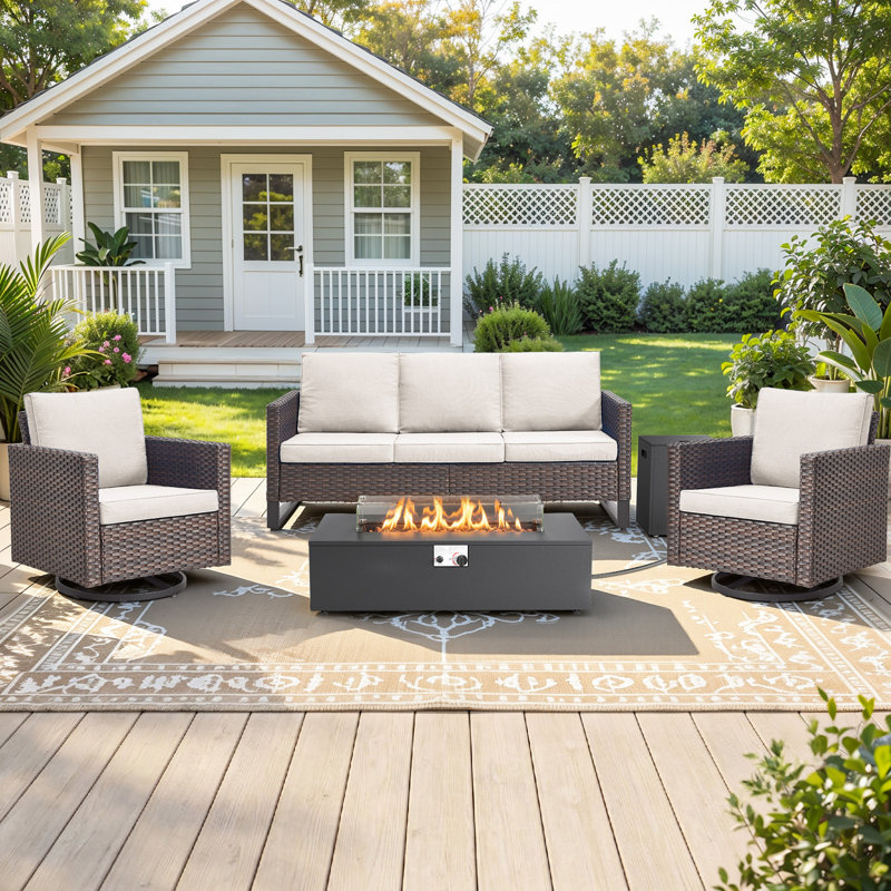 Kaelahni 4-Piece All Weather Wicker Patio Conversation Set With Swivel Gliders And Split Fire Pit Table, Beige, Brown