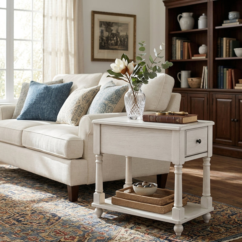 Montevideo Collection Mid-Century Modern Wood End Table with Drawer and Storage Shelf, Rectangular Veneer Side Table for Living Room, Bedroom and Small Spaces, Distressing White