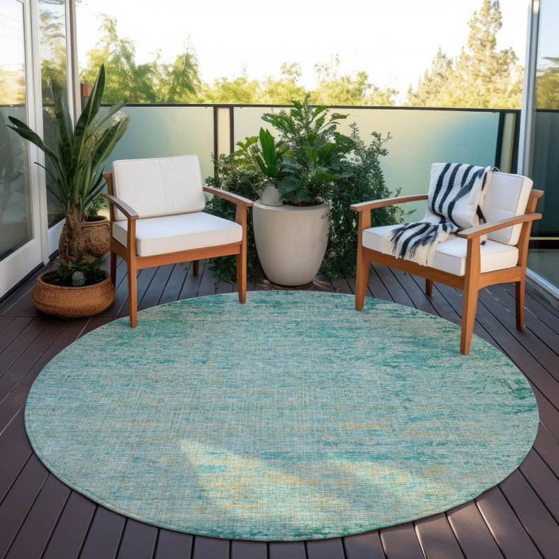 Machine Washable Indoor/Outdoor Xhevrie Teal Rug, Round 8'