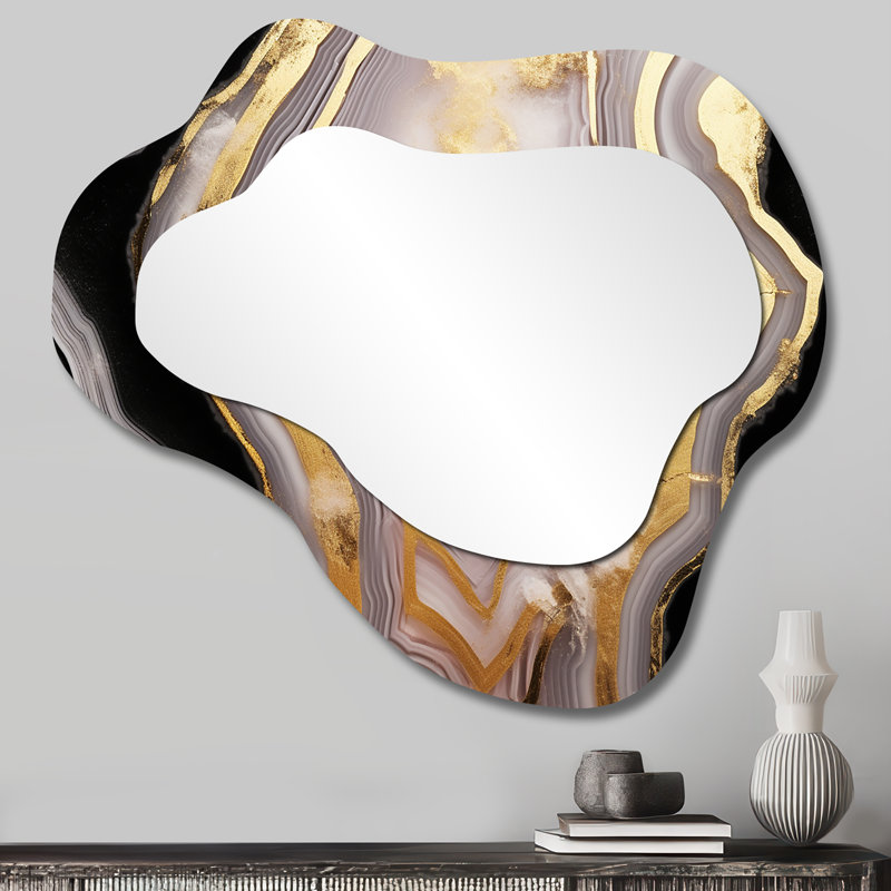 Opulent Glam Agate Black Gold II - Marble Cloud Decorative Wall Mirror, Modern Asymmetrical Mirror, Printed Metal Art