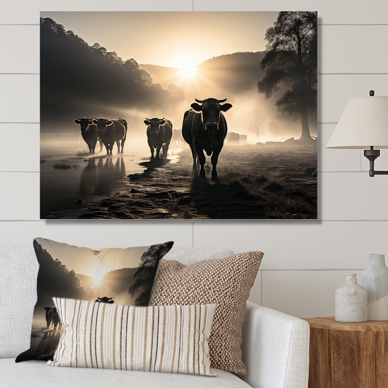 Kerbie Bétail Misty Morning Grazing III - Imprimé, H 16 po x l 32 po x P 1 po, Toile tendue