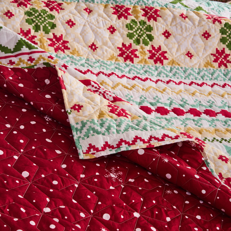Greenland Home Fashions Fair Isle Snow 2-Piece Twin Size Quilt Set 68x88 + 20x26, Twin Quilt + 1 Standard Sham, White/Red