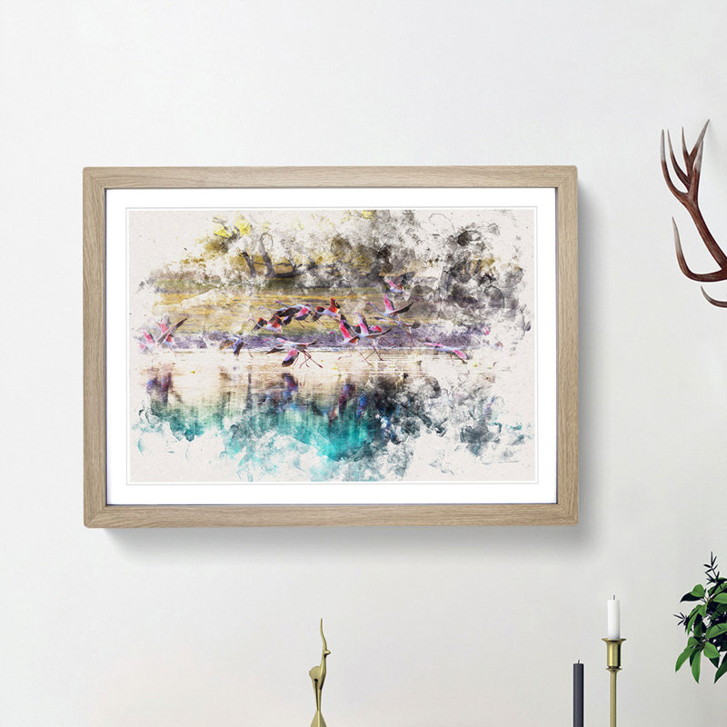 Flamingos Taking Flight - Picture Frame Painting Print, 62cm H x 87cm W x 2cm D, Oak Framed