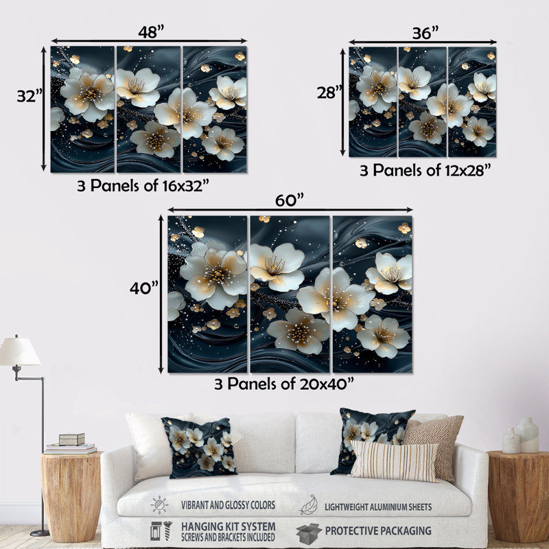 Ensemble de salon art mural blanc et blanc Blooming Marble Flowers River IV - Poppies, Métal métal