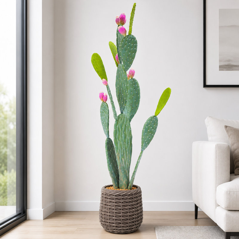 Cactus artificiel à 3 branches 4,5 pi avec fruits roses en pot tissé brun, plantes de cactus artificielles pour plantes grasses