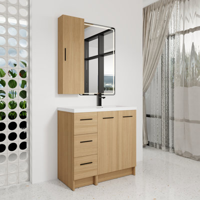 Ensemble de meuble-lavabo sur pied 36 po avec armoire à linge haute, 3 tiroirs et rangement à double porte, lavabo en résine simple, finition chêne clair