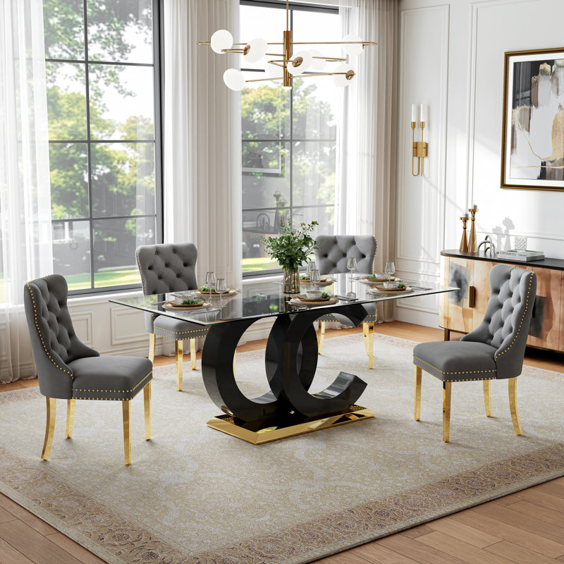 7-Piece Glass Dining Table Set, 70“ Clear Tempered Glass Table with OC-Shaped Base and 6 Tufted Velvet Dining Chairs