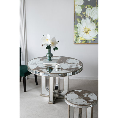 Artistic Dining Table With Floral Inspiration And Silver Glitter, 47x47x31.5 47x47x31.5" Breathtaking Mirrored Beauty
