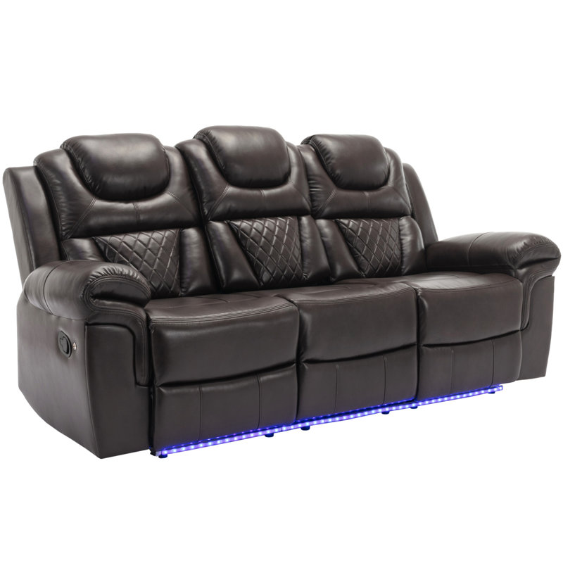 Home Theater Seating Manual Recliner Chair With Center Console And LED Light Strip For Living Room, Brown