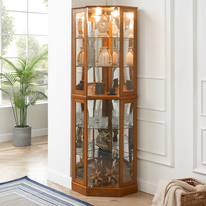 Armoire vitrée en chêne 72 "avec lumières, miroir, étagère réglable à 6 tablettes