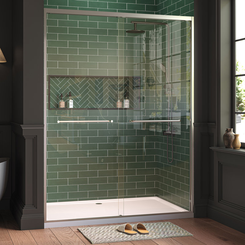 Shower Door 55-60 Inch Adjustable Width, 76 Inch Height x 1/4 Inch Tempered Glass, Black Frameless Sliding Bathroom Door, Sliver