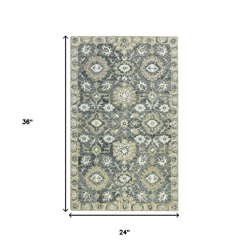 Tapis crocheté à la main à motif de médaillon floral en laine beige et ivoire 2 pi x 3 pi 2 po x 3 pi