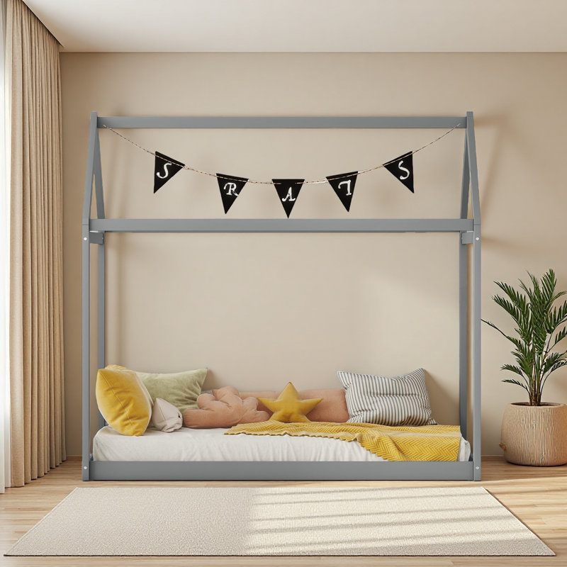 Twin Size Wooden House Bed, Gray