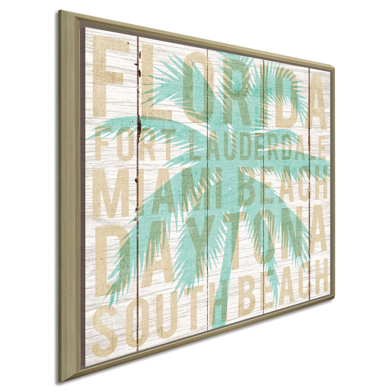 «Bon Voyage Florida Palm», art textuel, H 21,5 po x l 21,5 po x P 2 po, Cadre flottant champagne