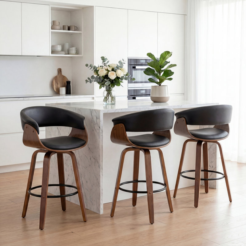 Devlin Mordern Swivel Upholstered Barstools （Set Of 3), Counter Stool (25" Seat Height), Black