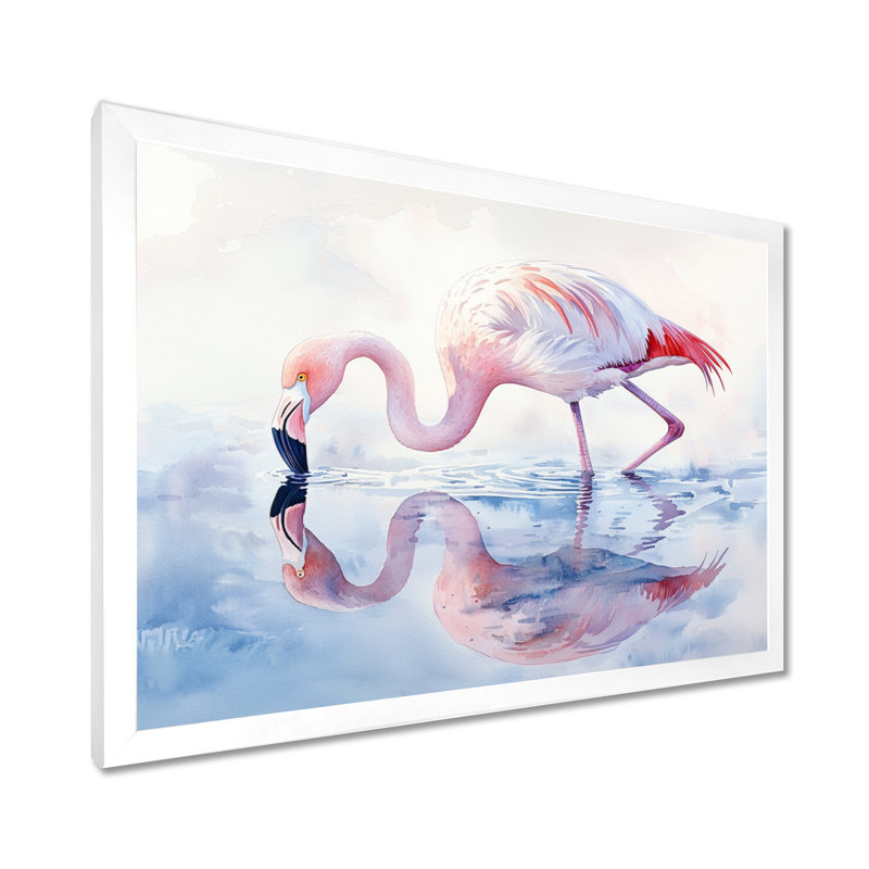 Flamingo Reflections - art mural flamant, H 34 po x l 44 po, Cadre simple, Blanc