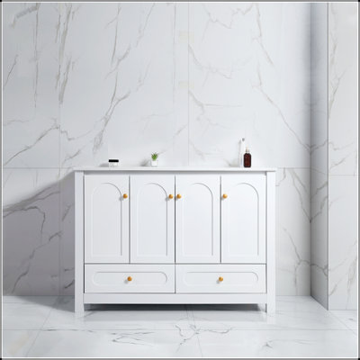Meuble-lavabo blanc 48 po avec lavabo en céramique et beaucoup de rangement, portes et tiroirs à fermeture en douceur pour un design élégant