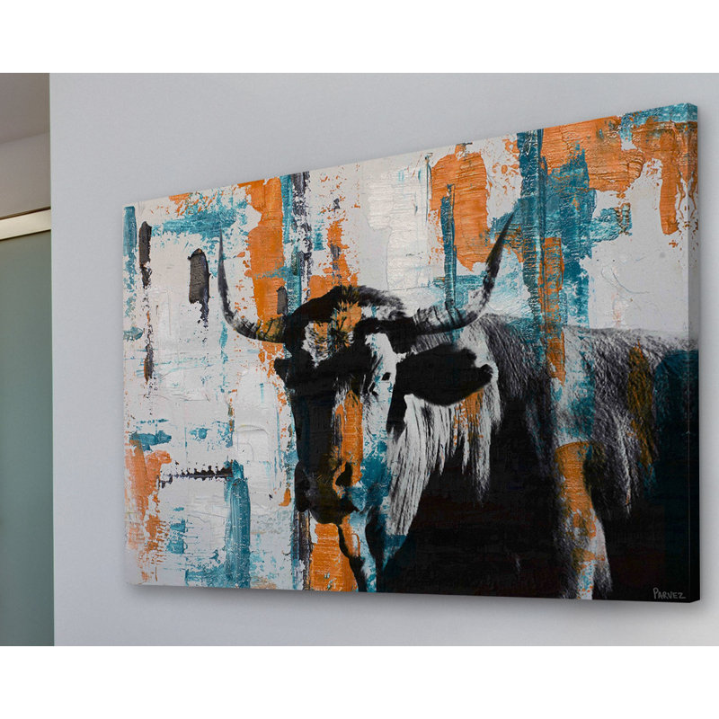 «Orange Teal Steer», reproduction de peinture acrylique sur toile tendue, H 16 po x l 24 po x P 1,5 po