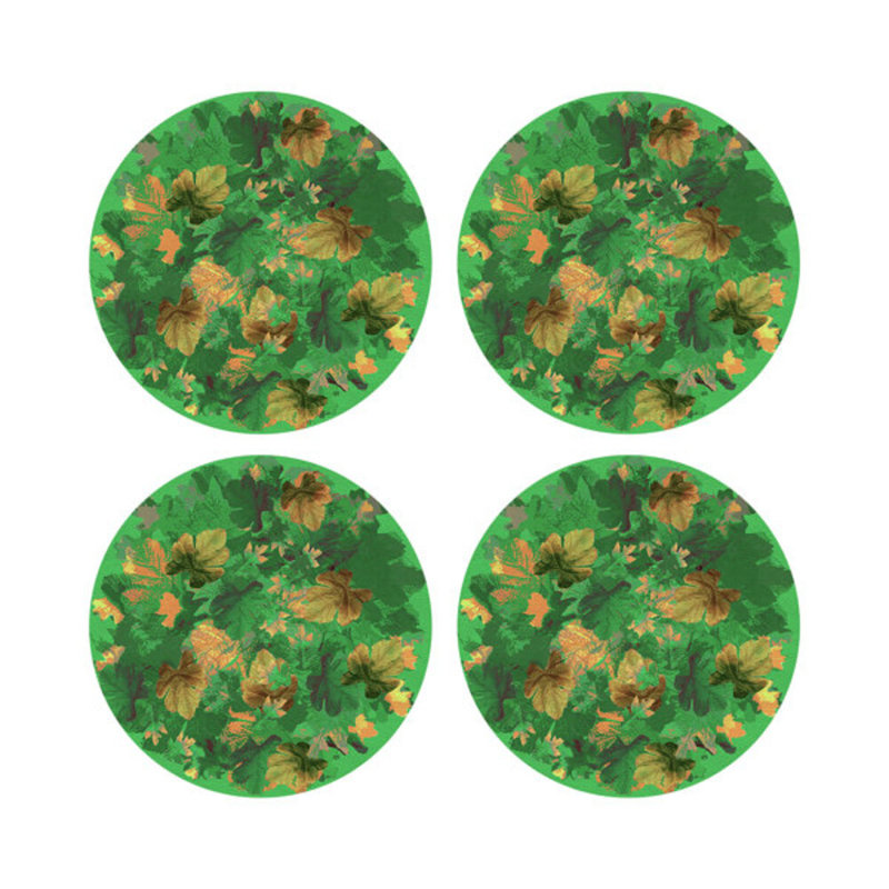 Fallen Leaves Green Vegan Leather Round Coasters, Green