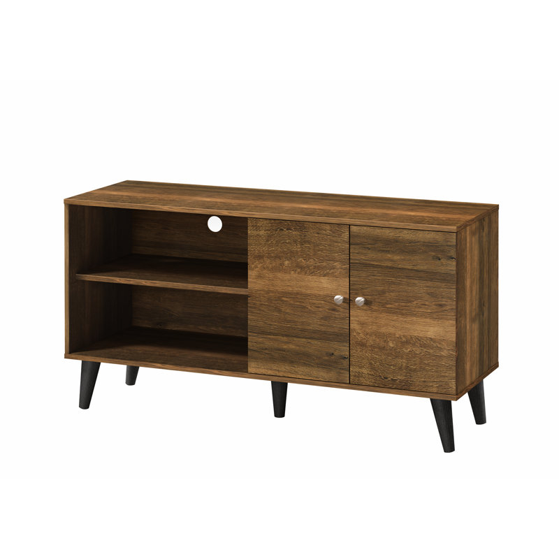Brown Tv Stand Accommodating 50-59 Inch Tvs. 2 Storage Shelves & 1 Cabinet. Modern Entertainment Centre For Living Space. Functional Open Shelf Electronic Goods. Hidden Mid-Century Style Design.