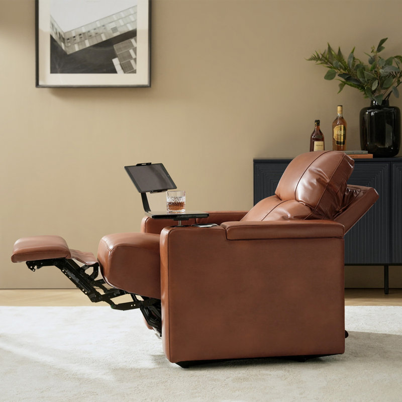 Lapin Genuine Leather Dual Motor Home Theater Power Recliner with Adjustable Power Headrest, Saddle Genuine Leather