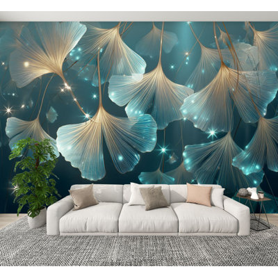 Peel and Stick Wallpaper Translucent Ginkgo Leaves Under Teal Light Floating Serenity Wall Murals 100"H x 144"W Removable PVC Wall Paper Self-Adhesive Wall Decor for Bedroom Living Room Home Office