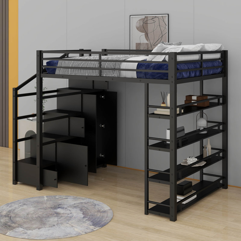 Lit mezzanine double en métal avec tablettes de rangement, garde-robe et armoires
