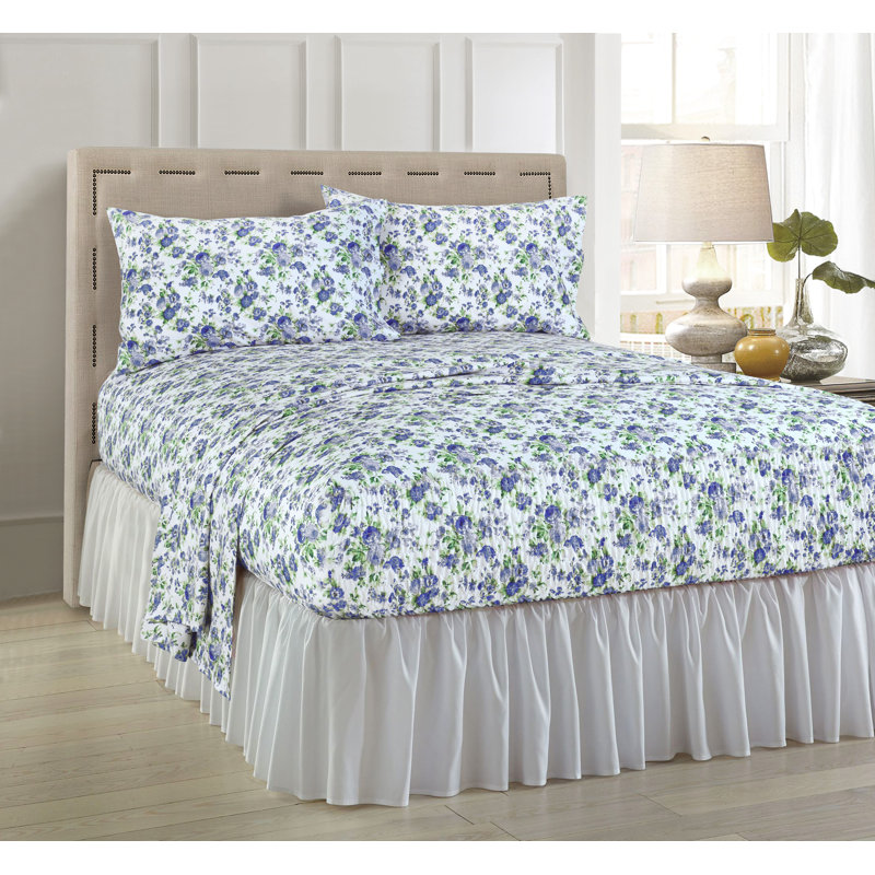 Anti-Wrinkle Soft Microfiber Heritage Floral BedTite Tight Grip Sheet Set, Blue