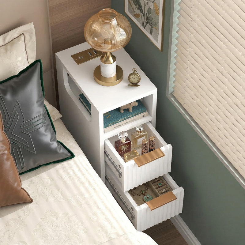 7.9" Ultra-Narrow Side Table With Charging Station - Skinny Fluted Nightstand With 2 Drawers - Slim End Table With Type-C & USB Ports - White