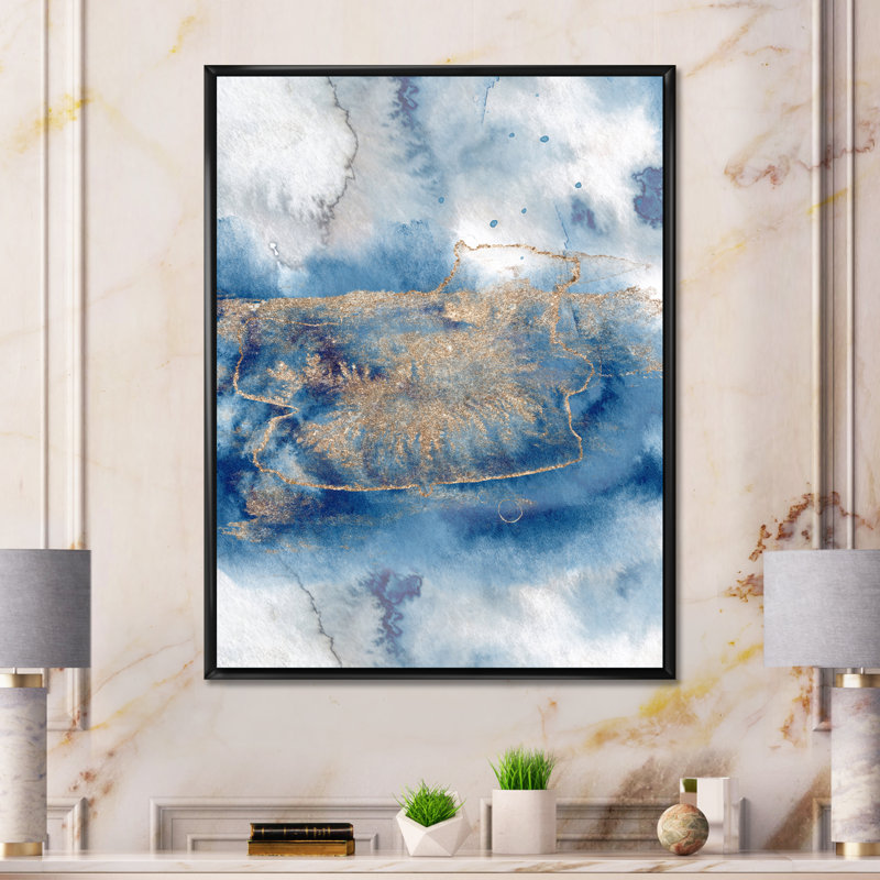Abstrait classique bleu et or I - peinture sur toile, H 44 po x l 34 po, Cadre flottant noir