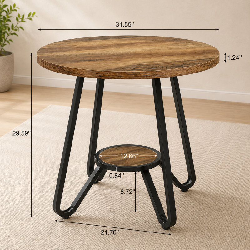 Table de salle à manger ronde Brown Home, tablette de rangement ouverte, petite table de cuisine, peut accueillir 2 personnes.
