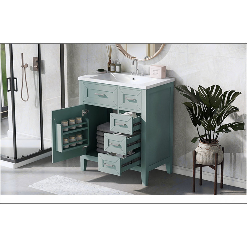 Meuble-lavabo 30 po avec lavabo, armoire de salle de bain verte avec tiroirs, structure solide et panneau de fibres à densité moyenne