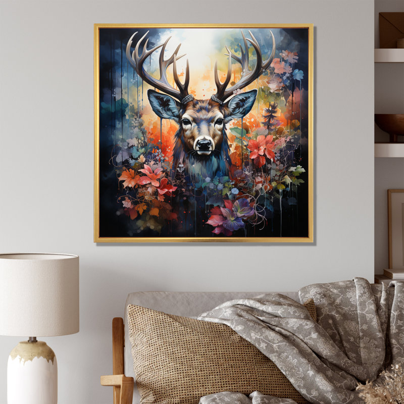 Berkant Deer Wilderness Symphony - impression, 16" H x 16" W, Cadre flottant doré