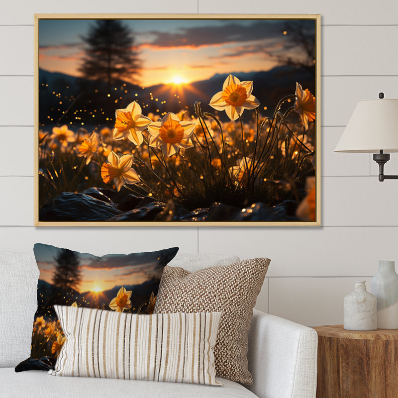 Daffodils Field Sunset I - impression, 12" H x 20" W, Gold Picture Framed