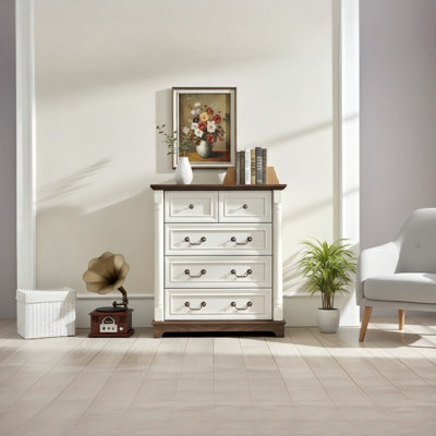Commode à cinq tiroirs de style campagnard avec base, commode rustique en bois, rangement pour commode pour la chambre à coucher, le salon, belle, robuste et durable.