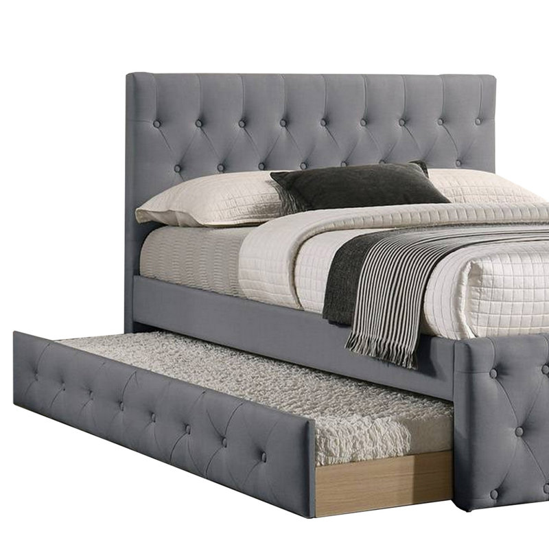 Lit plateforme tapissier rembourré, Double, Gris