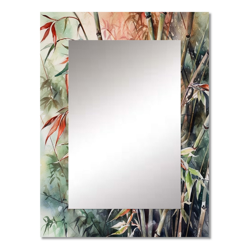 Green Floral Bamboo Bliss VI - Floral Large Mirror, Traditional Unique Wall Mirror Decor, Printed Metal Art, 32" x 24"