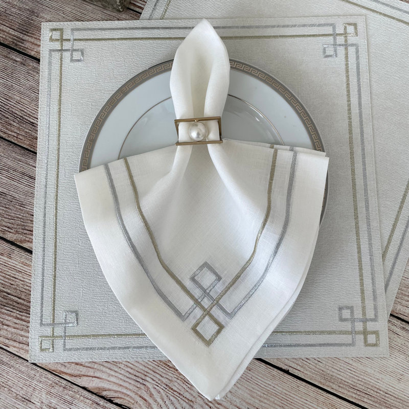 Link Embroidered Linen Napkin, White/Gold/Silver