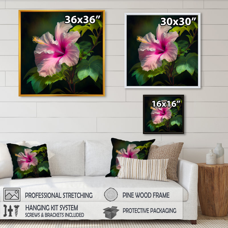 Blooming - Hibiscus rose et blanc III - impression, H 16 po x l 16 po x P 1 po, Toile avec cadre flottant noir