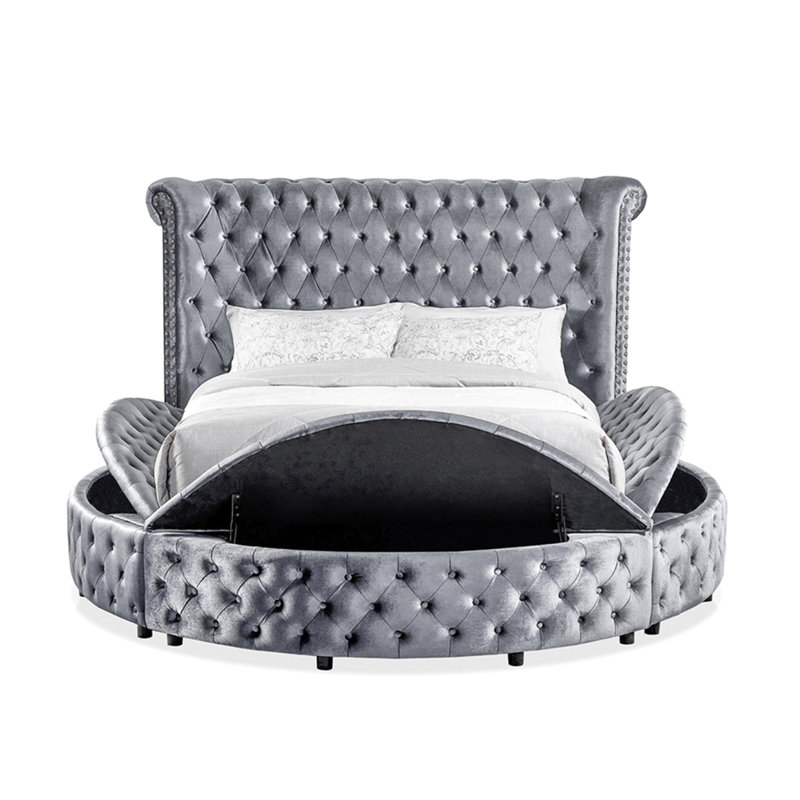 1pc Unique Round Glam Gray Velvet Like Acrylic Button-Tufted Detailing Storage Bed Queen Size, Gray, Queen
