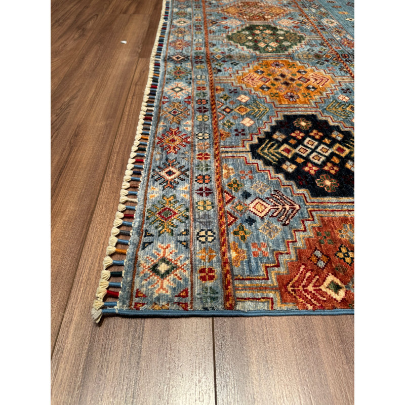 Tapis bleu original en laine et coton noué à la main