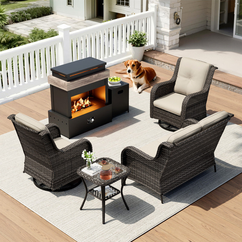 4-Person Outdoor Patio Conversation Rattan Seating Group With 5000BTU Fireplace,Coffee Table and Beige Cushions, Beige