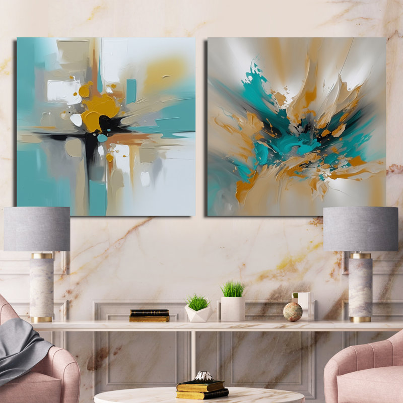 Encre jaune et turquoise Fuild - ensemble de 2 collages carrés abstraits en marbre, Toile tendue, H 16 po x l 33 po